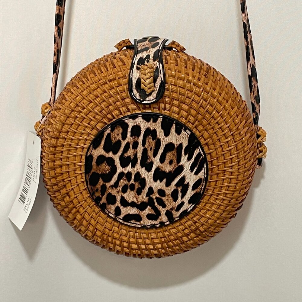 Romeo Roma Leopard Honey Wicker Crossbody Purse 7" NWT